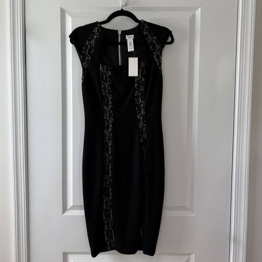 Cache Black Form Fitting Midi Dress Lace Detail Full Back Zipper Size 4